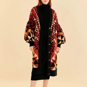 Farm Rio Cardigan‎ Heart Art Deco Intarsia Maxi Knit Sweater Sz S
